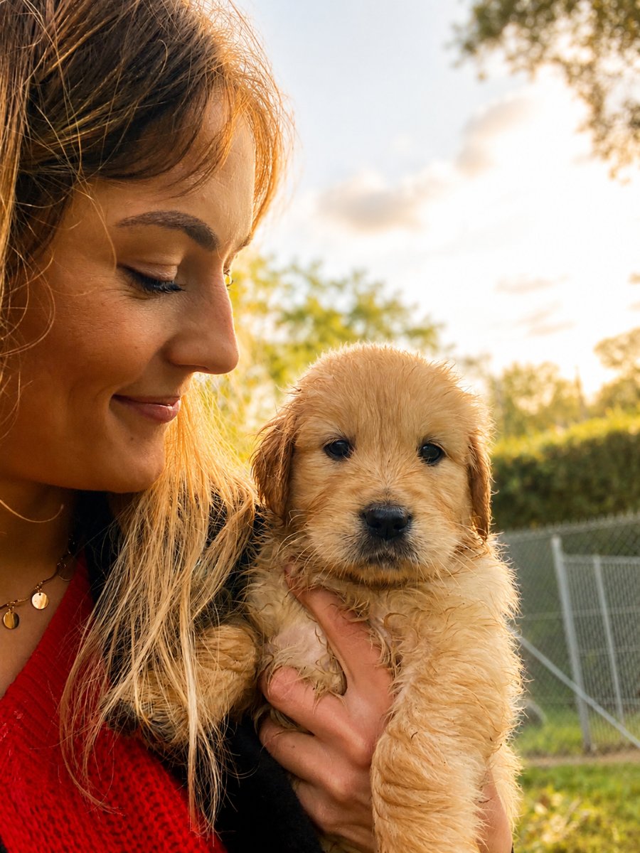 Camila tient un chiot golden retriever dans ses bras au soleil
