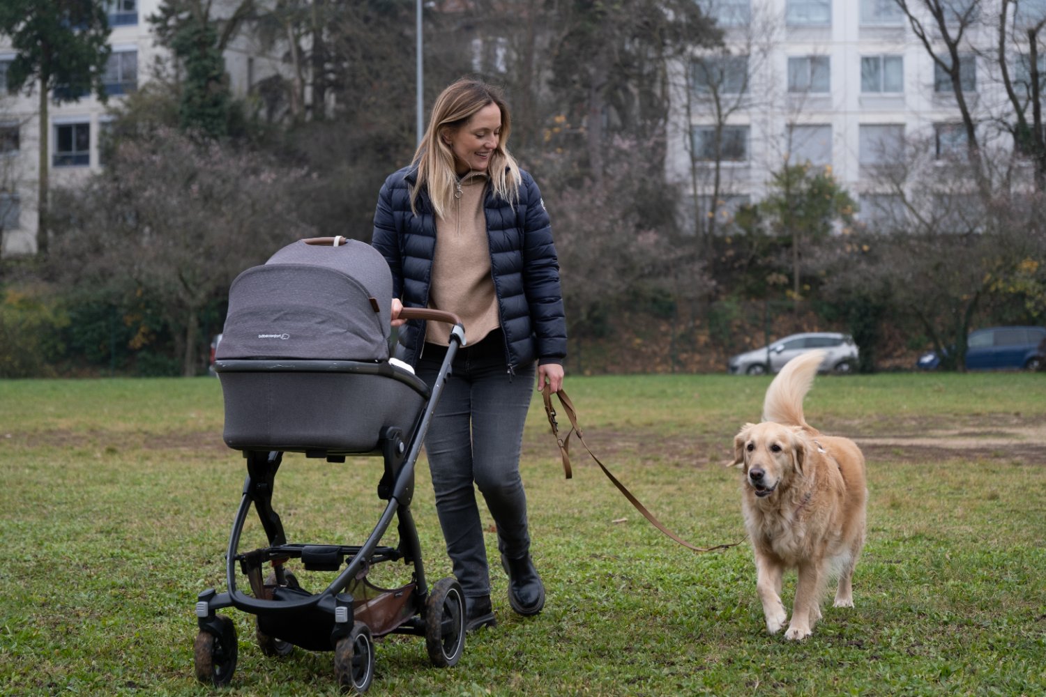 Maman avec poussette et golden retriever en balade