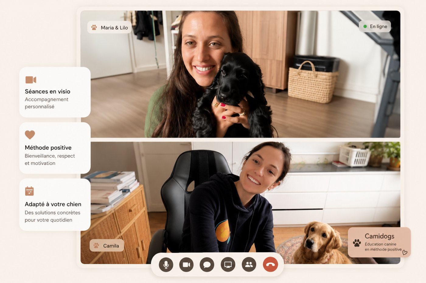 Séance de coaching canin en visioconférence entre Camila et une cliente avec son chien